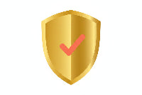A gold shield icon with a red checkmark in the center, isolated on a white background indicating genuine products