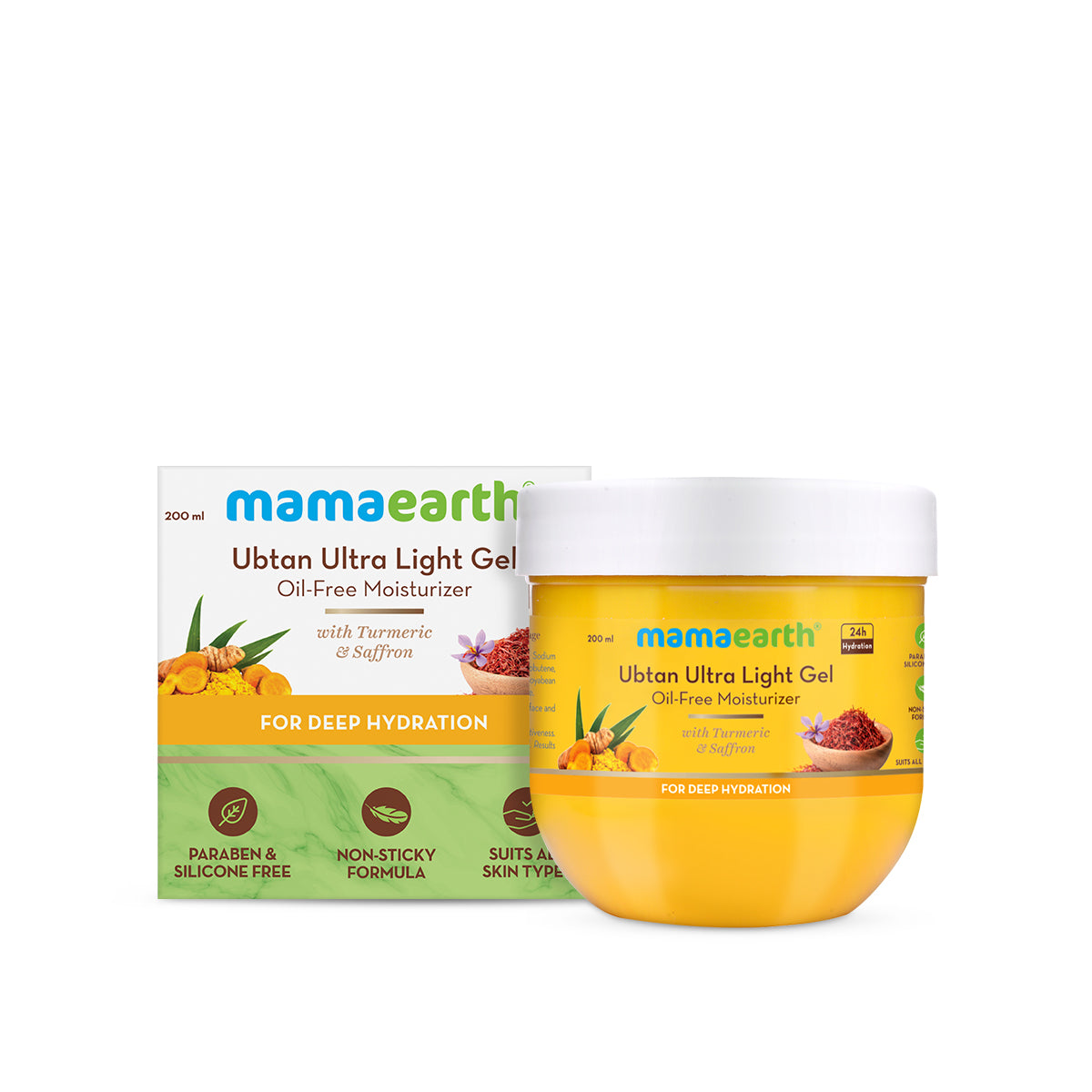 Mamaearth Ubtan Ultra Light Gel Oil-Free Moisturizer For Face, Body and Hands; with Turmeric & Saffron for Deep Hydration - 200 ml